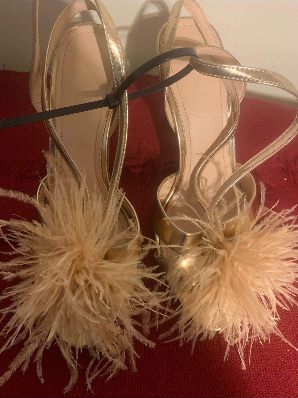 Gold Feather Pom-Pom Strappy Women's Heels